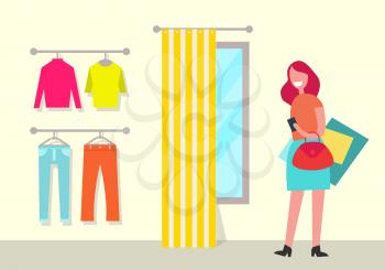 Clothing shop and woman, poster with sweater and trousers, curtain and mirror, smiling woman and bags, store vector illustration isolated on white