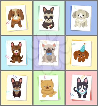 Puppies and dogs poster set, collection of pets pictures, creatures of different breeds and colors, in cap and bows, isolated on vector illustration. Dog on a piece of paper clamped with a paper clip