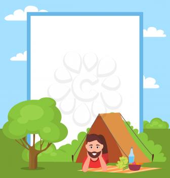 Man in tent and filling form, healthy lifestyle and rug with plastic bottle and water, broccoli apples, trees clouds isolated on vector illustration