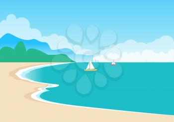 Cute sea coast, color banner vector illustration with sandy beach, silhouettes of trees and mountains, bright sky and white clouds two small sailboats