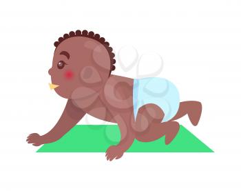 Cute little baby with brown skin colorful banner, vector illustration isolated on white backdrop, green mat, curly hair, bright blue diaper, red blush
