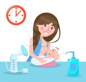 Breastfeeding mother and child, poster with woman and her baby, gel and clock on wall, love and motherhood, vector illustration isolated on white