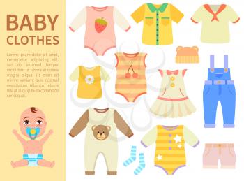 Set of baby clothes with prints isolated on white background, vector illustration with cute child, t-shirts and pants, dress and socks, shorts and hat