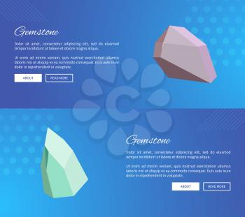Gemstone landing pages design with push buttons about and read more, webpages with precious stones minerals and crystals vector web posters set