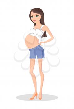 Pregnant woman in sexy home summer cloth, on high heels shoes vector illustration of long haired girl waiting for baby arrival isolated on white