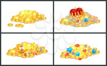 Ancient precious shiny treasures in big heaps set. Gold money, royal jewelry and colorful gems. Old treasure in bunches isolated vector illustrations.