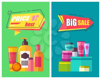 Two color promotion posters vector illustration with red and yellow stickers with ad text, set of cosmetic vials isolated on green and blue backdrop