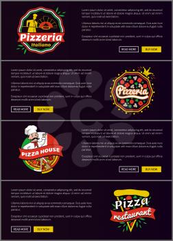 Pizzeria Italiano web pages set, pizza house and pizza restaurant, text sample and titles, buttons and logos, vector illustration isolated on black