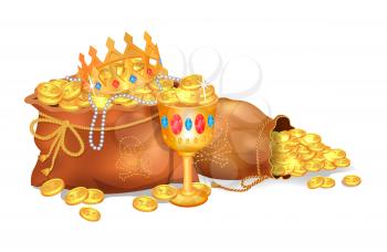 Old sacks stuffed with gold coins and jewelry. Mysterious treasure hidden in bags. Royal crown and luxurious goblet isolated vector illustration.