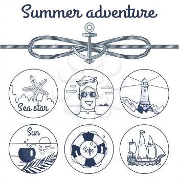 Summer adventure poster with small sea star, sailor in sunglasses, lighted beacon, sunset landscape, striped lifebuoy and ship vector illustrations.