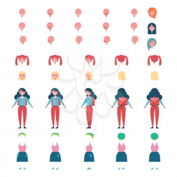 Schoolgirl faceless model with spare heads, pretty hairstyles, big backpack and modern clothes isolated vector illustrations on white background.