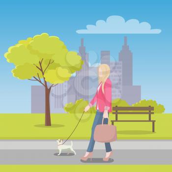 Woman walks with little dog in park near city surrounded by tall tree, wooden bench, thick bushes and skyscrapers on horizon vector illustration.