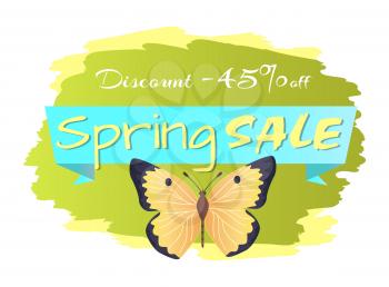 Spring sale poster discount -45 colorful butterfly of yellow and black color, greeting card design with cute flying insect vector illustration banner