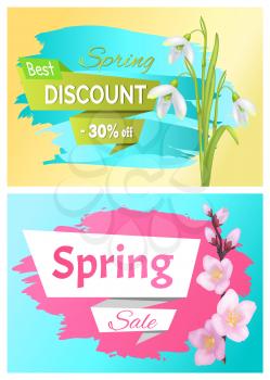 Spring sale advertisement label branch of sakura or cherry blooming and snowdrop flowers vector isolated stickers. Pink blossoms symbol of springtime