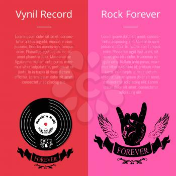 Vinyl record and rock forever collection of banners with text. Isolated vector illustration of plastic disk along with sign of horn and pair of wings