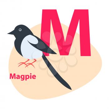 Children ABC with cute animal cartoon vector. English letter M with funny magpie flat illustration isolated on white background. Zoo alphabet with bird and caption for preschool education, kids books