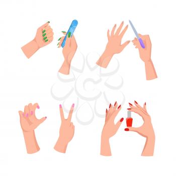 Nail service hands and tools, collection of images of file and bottle with polish, beauty salon, vector illustration isolated on white background