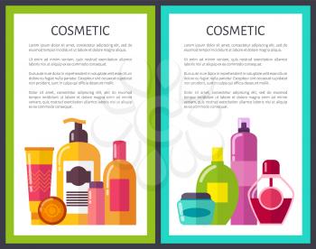 Two cosmetic banners colorful vector illustration of different vials with creams and another care products, black text sample, green and blue frame