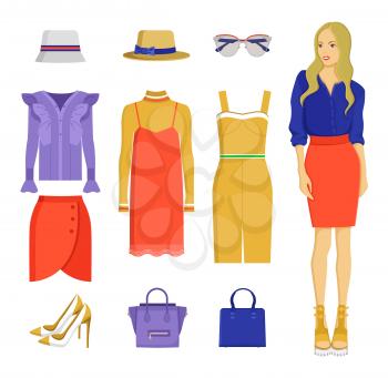 Set of various summer clothes, colorful banner isoalted on white backdrop, dresses and red skirts, lilac shirt, heeled shoes, hats bags and sunglasses