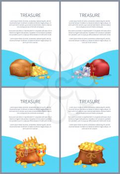 Treasure posters with text samples and given info, headlines and images of treasures in bags, coins and diamonds, isolated on vector illustration