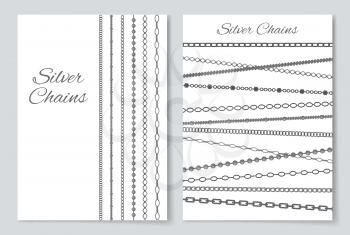 Silver chains, covers collection with headline and jewellery placed vertically and horizontally, vector illustration, isolated on grey background