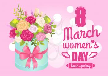 8 March womens day poster with realistic spring bouquet of rose flowers pink red and white color in decorative wrapping box package vector illustration