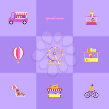 Amusement park set of icons, cotton candies, popcorn and hotdog stalls, balloon and ferris wheel, woman and umbrella, isolated on vector illustration