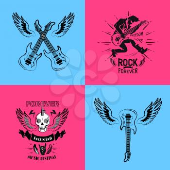 Rock forever freedom and love images including icons of skull and guitars with wings, sign horns and guitarist playing vector illustration