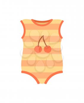 Baby clothes, romper of red color, with pattern, made of stripes and image of cherries, poster and fashion vector illustration, isolated on white