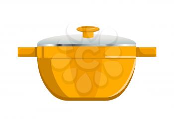 Deep saucepan with glass cover and yellow corpus. Modern bright kitchenware for cooking. Shiny pan with pair of handles isolated vector illustration.