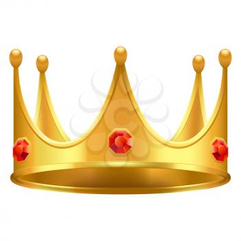 Golden crown with gems 3d icon. Shiny kings crown with precious stones realistic vector isolated on white. Monarch power symbol illustration