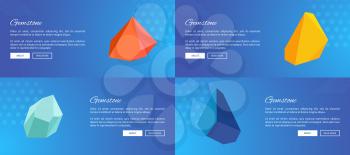 Gemstones collection of web pages with text sample easy to edit, headline and buttons with images of gemstones, isolated on vector illustration