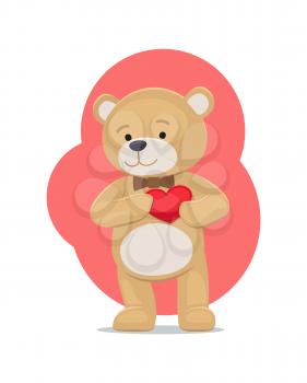 Adorable teddy gently holds his heart on chest, lovely bear animal with red balloon or pillow, vector illustration greeting card design, Valentines day