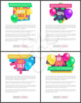 Exclusive quality total sale hot prices promo stickers with balloons and brush splashes web online posters, tag advertisement labels flying elements set