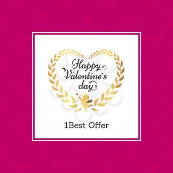 Happy valentines day best offer, heart-shaped frame made of leaves with cupid and arrow vector illustration isolated on pink background