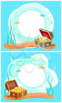 Photo frame with mysterious sea treasures in wooden chest. Seascape that has precious treasure at bottom with hole for picture vector illustrations.