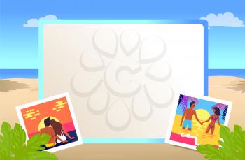 Square empty photo frame with small pictures of couples that have dates on beach during spectacular sunset cartoon vector illustration.