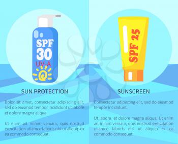 Set of sun protection and sunscreen posters. Vector illustration of circle icons depicting sunblock lotions against vintage sea background