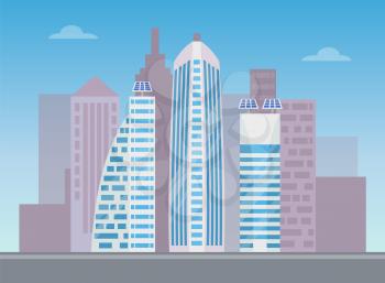 Three white modern buildings with lot of blue windows with reflections, colorful banner vector illustration, solar stations on roofs, grey skyscrapers