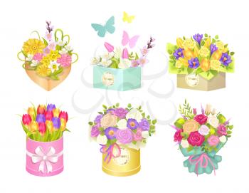 Boxes with bouquets and butterflies flying, rounded and squared containers and flowers of different types, vector illustration, isolated on white