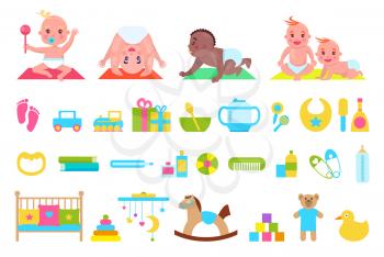 Playful children and toys set, poster with cradle and pillows, duck and teddy bear horse, bowl and spoon comb, vector illustration isolated on white