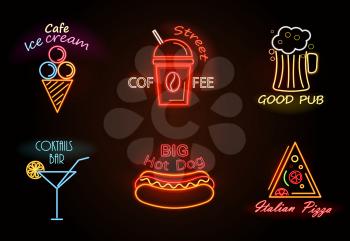 Cafe ice cream and street coffee, good pub and cocktails bar, hot dog and Italian pizza slice, neon signs collection isolated on vector illustration