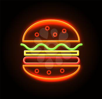 Cheeseburger neon sign, poster with product made of bread, cheese and meat, vegetables and sesame, vector illustration isolated on black background