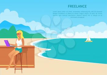 Colorful freelance poster with cheerful blonde, vector illustration with text sample, brown table, lilac laptop, girl in red glasses, yellow vessel