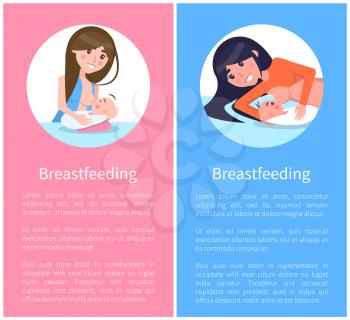 Healthy breastfeeding informative banners set with women who feed their little newborn babies inside circles vector illustration and sample texts.