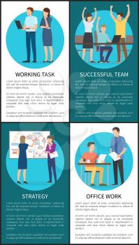 Working task and strategy, successful team and office work, collection of posters with text sample and headlines, isolated on vector illustration