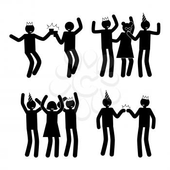Celebration poses set of black pictogram silhouettes of people celebrating party in cute hats, having fun together vector illustration isolated on white