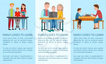 Three family loves to learn and sports posters vector illustration isolated on bright blue backdrops, text sample, studying and playing chess children