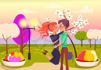 Redhead girl jumps in her boyfriends arms and looks in his eyes in park with blooming trees at sunset vector illustration.