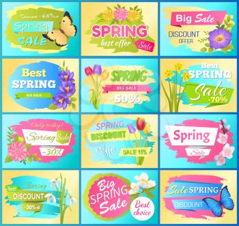 Labels set super offer spring big sale adverts snowdrops, anemone buds, branch of sakura and daisy flowers vector. Promo stickers springtime blossoms